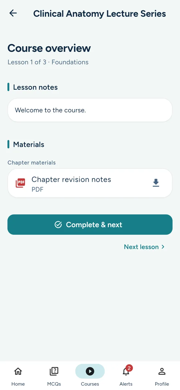 Lesson screen with materials