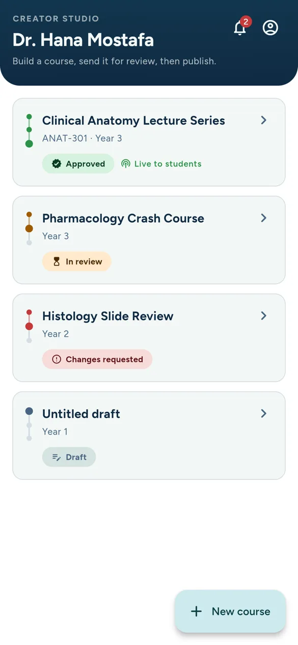 Creator Studio course list with review status